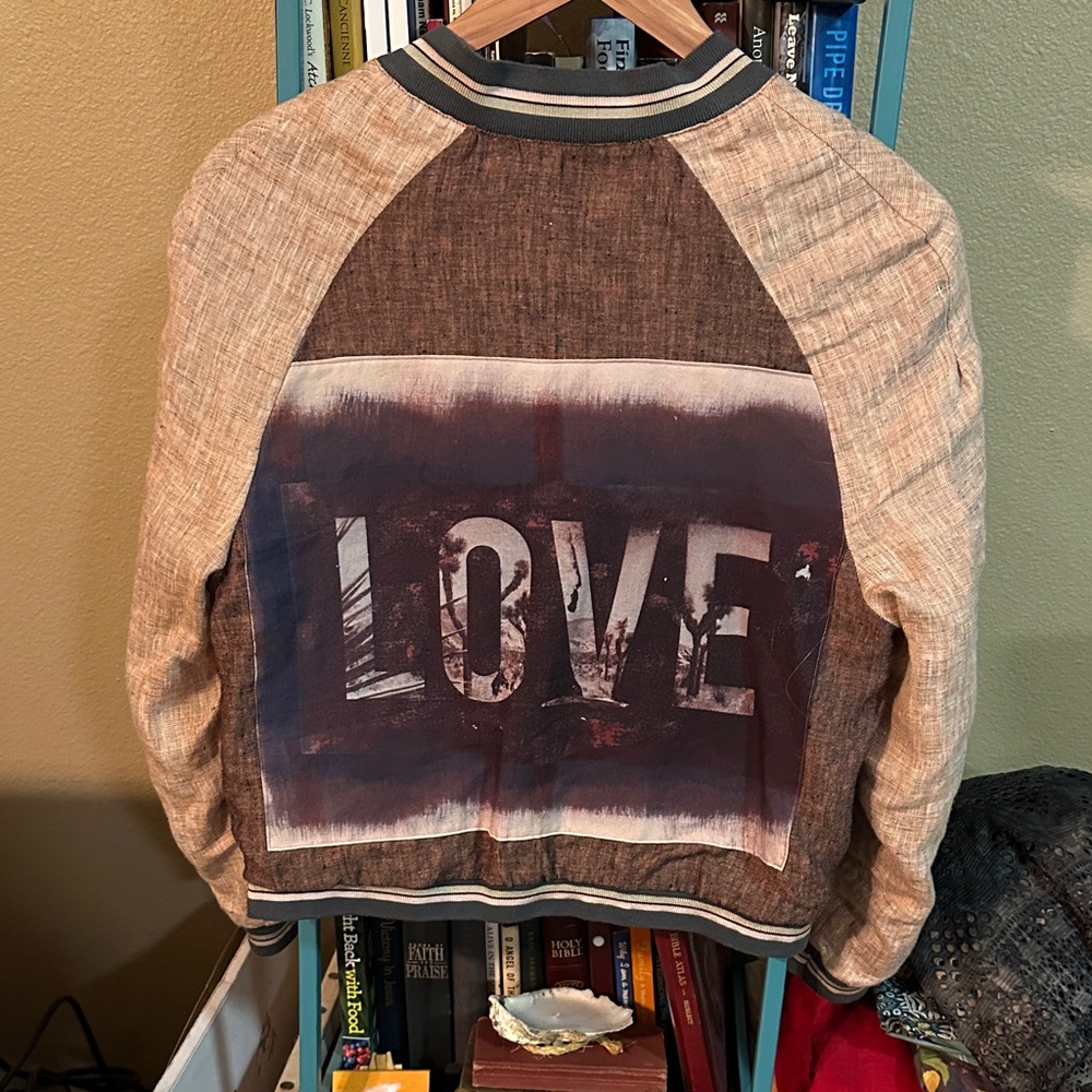 Handmade Watercolor Linen Burgundy and Peach Bomber Jacket